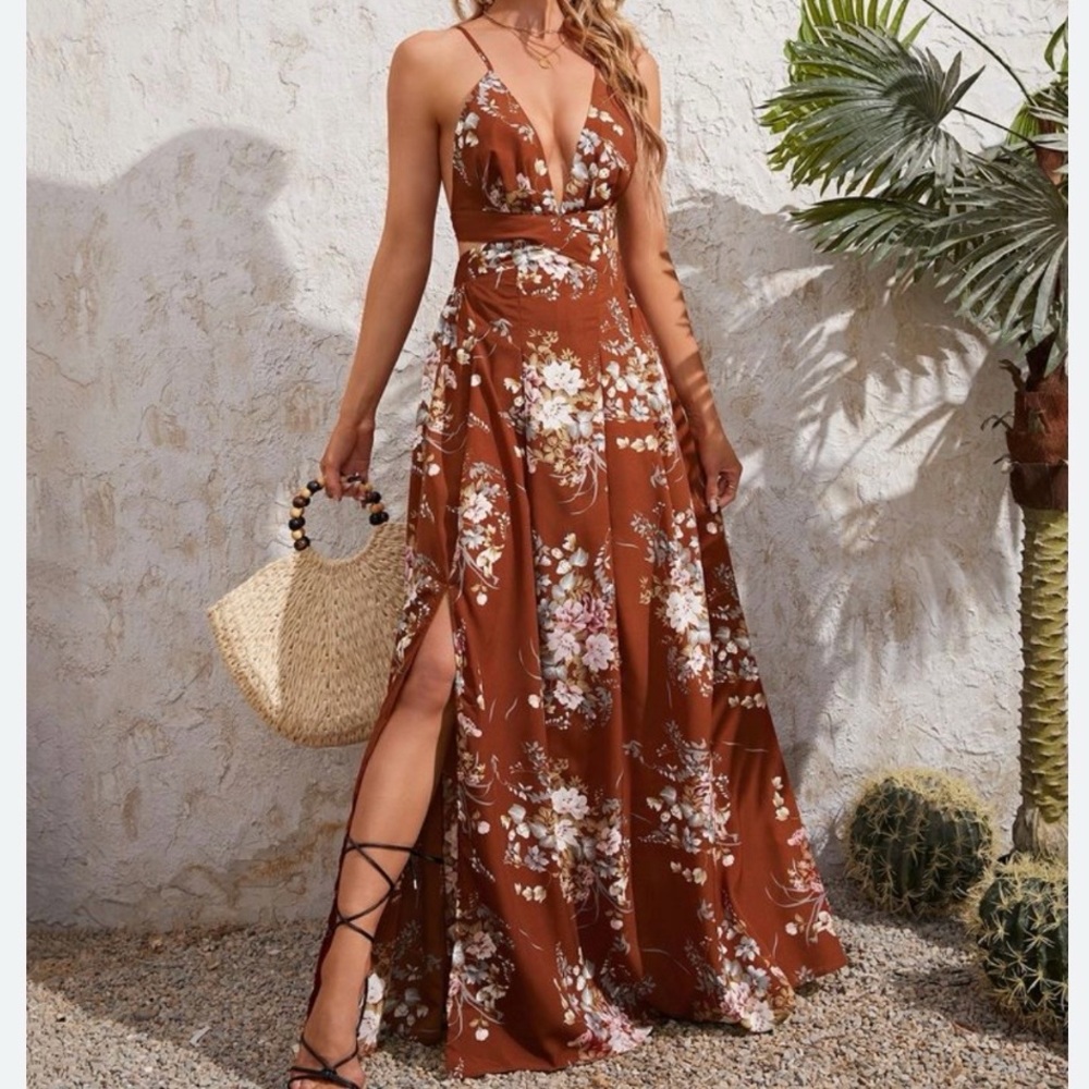 NWT SHEIN VCAY Floral Plunging V-neck High-Slit Lace-Up Back Cami Maxi Dress 6